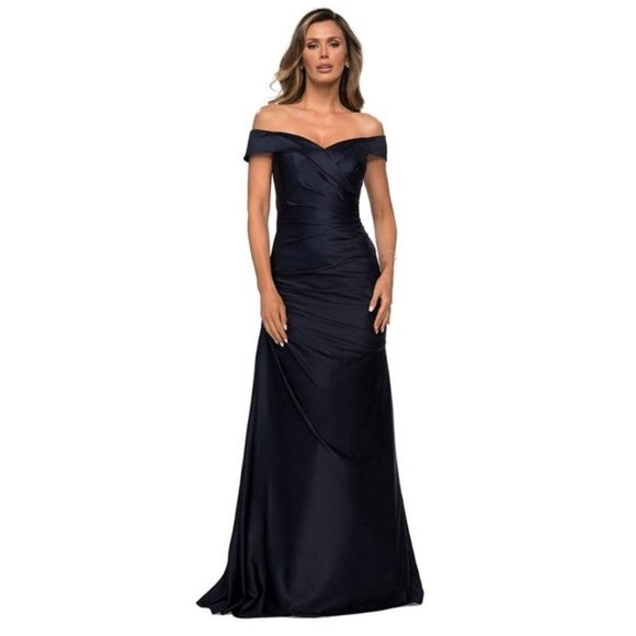 La Femme Dresses & Skirts - NWT La Femme 28103 Off Shoulder Ruched Satin Trumpet Gown Dress Navy Blue 14